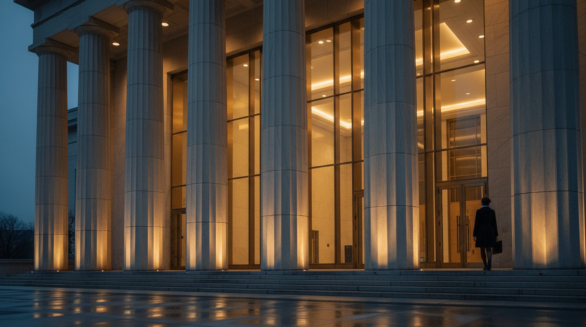 Fachada iluminada de una institución judicial al anochecer
